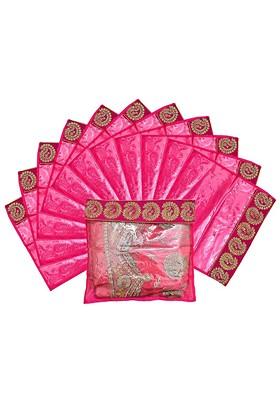 Set Of 12 Pink And Transparent Zari Border Flip Single Packing Saree Cover Organizers