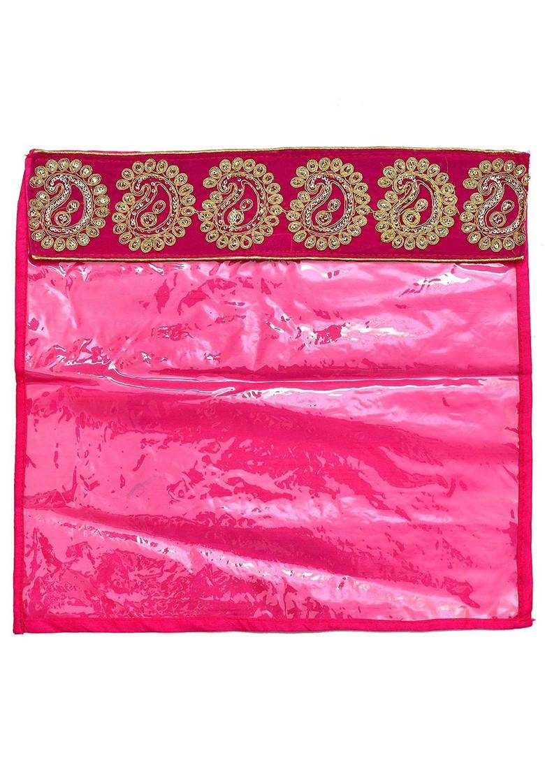 Set Of 12 Pink And Transparent Zari Border Flip Single Packing Saree Cover Organizers