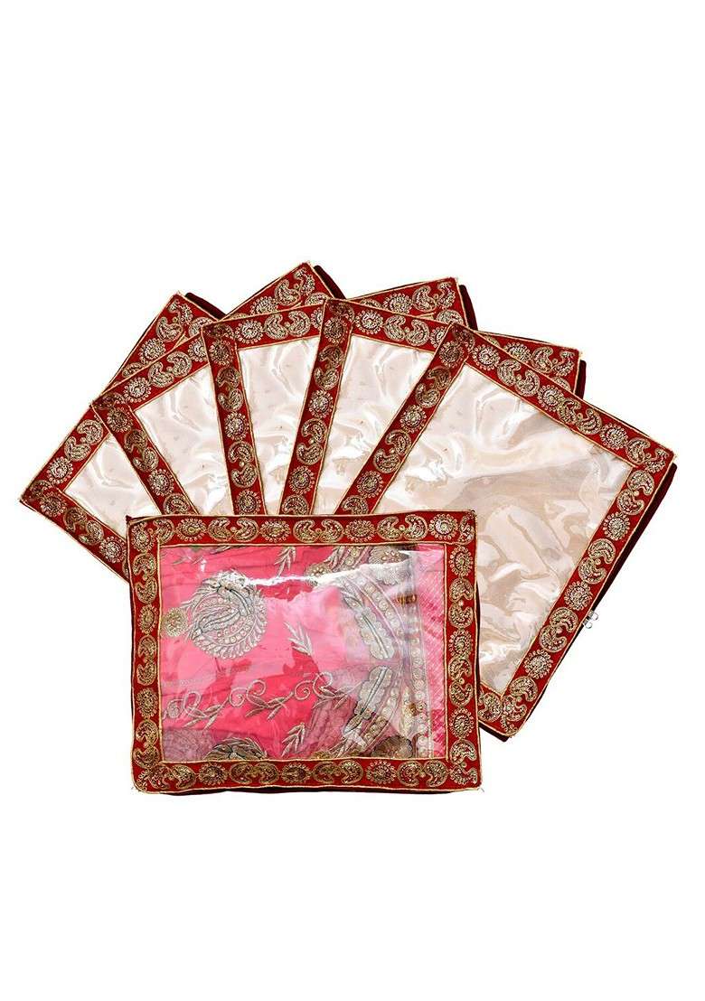 Set Of 6 Red And Transparent Embellished Single Packing Saree Cover Organizers - Indya