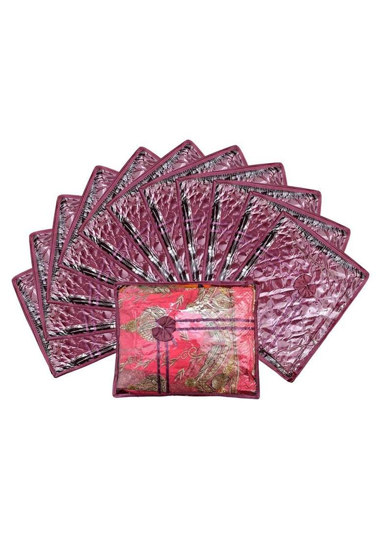 Set Of 12 Purple And Transparent Solid Satin Single Packing Saree Cover Organizers - Indya