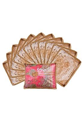 Set Of 12 Gold Coloured And Transparent Solid Satin Single Packing Saree Cover Organizers