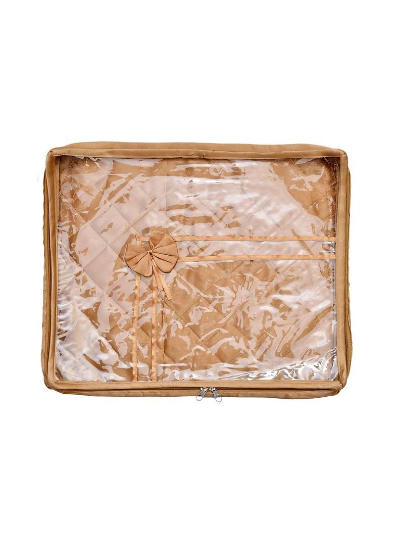 Set Of 12 Gold Coloured And Transparent Solid Satin Single Packing Saree Cover Organizers