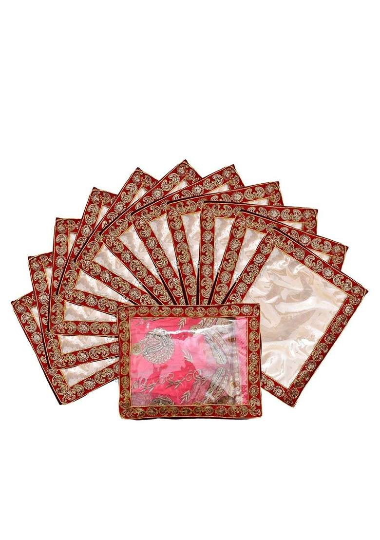 Set Of 12 Red And Transparent Embellished Single Packing Saree Cover Organizers - Indya