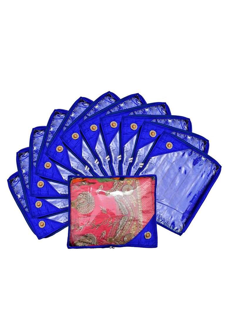 Set Of 12 Blue And Transparent Solid Silk Single Packing Saree Cover Organizers - Indya