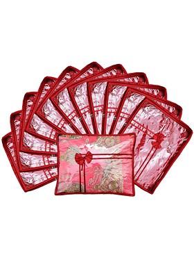 Set Of 12 Maroon And Transparent Solid Satin Single Packing Saree Cover Organizers