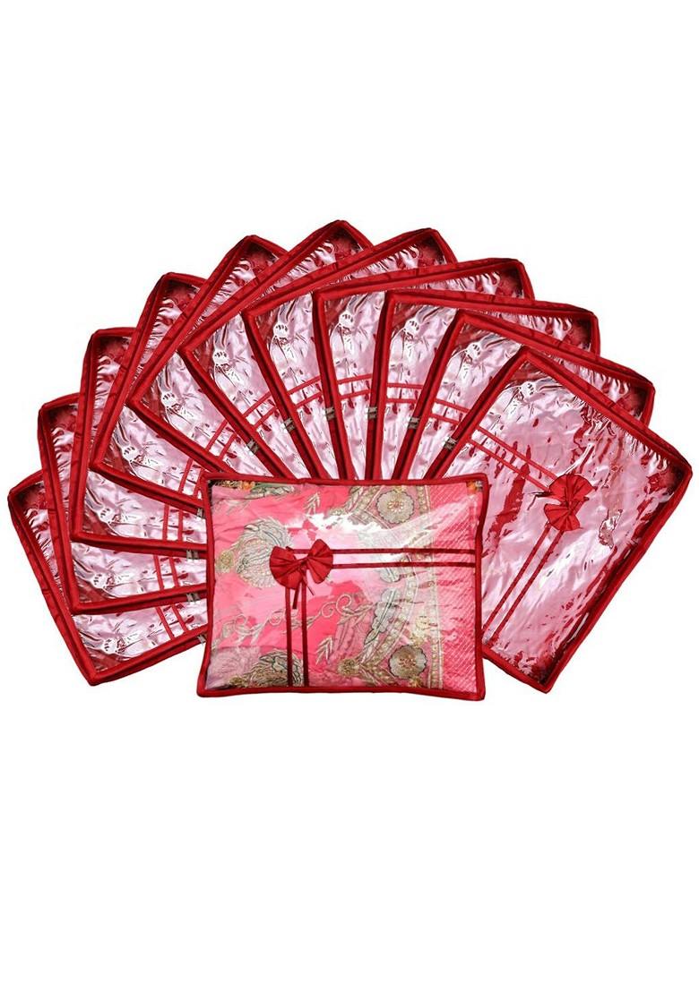 Set Of 12 Maroon And Transparent Solid Satin Single Packing Saree Cover Organizers