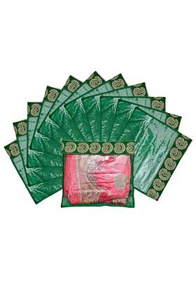 Set Of 12 Green And Transparent Zari Border Flip Single Packing Saree Cover Organizers