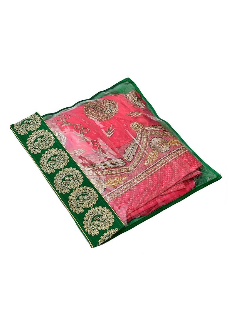 Set Of 12 Green And Transparent Zari Border Flip Single Packing Saree Cover Organizers