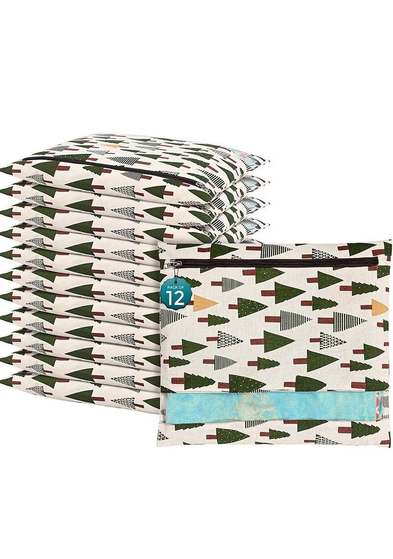 White And Green 12 Pieces Tree Printed Mesh Cotton Saree Covers Organizers