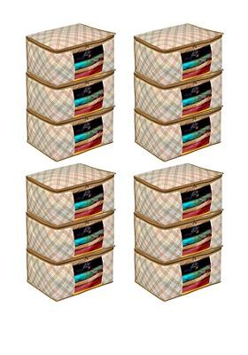 Set Of 12 Cream Colour And Brown Checked Saree Covers