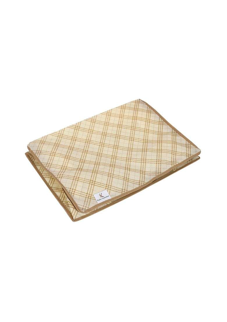 Set Of 12 Cream Colour And Brown Checked Saree Covers - Indya