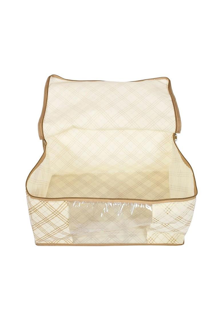 Set Of 12 Cream Colour And Brown Checked Saree Covers