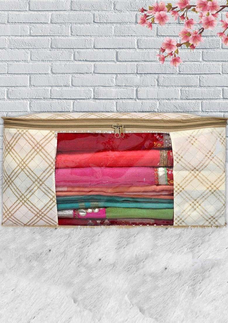 Set Of 12 Cream Colour And Brown Checked Saree Covers - Indya