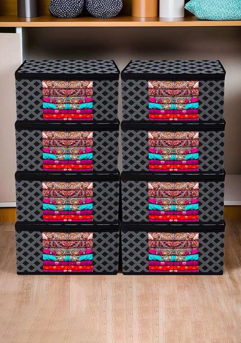 Set Of 8 Black Printed Saree Organiser Covers - Indya