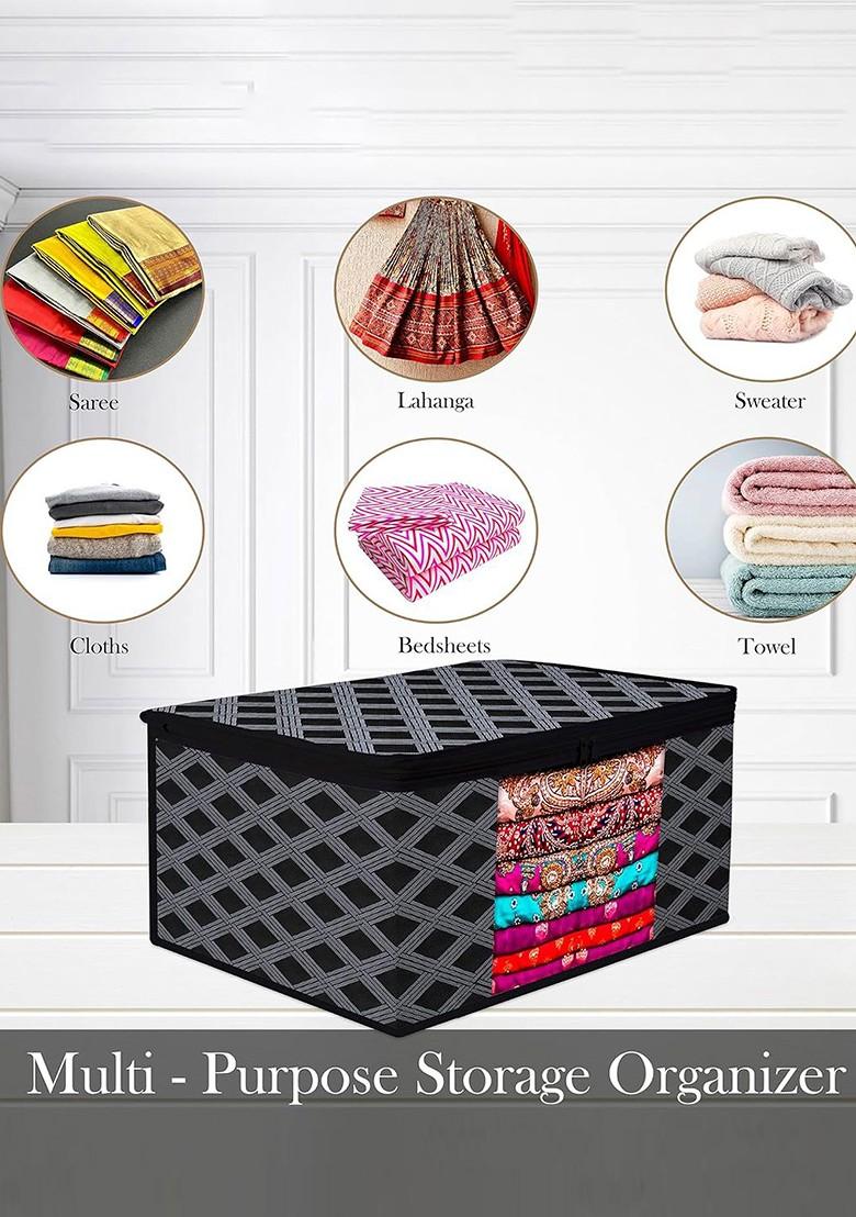 Set Of 8 Black Printed Saree Organiser Covers