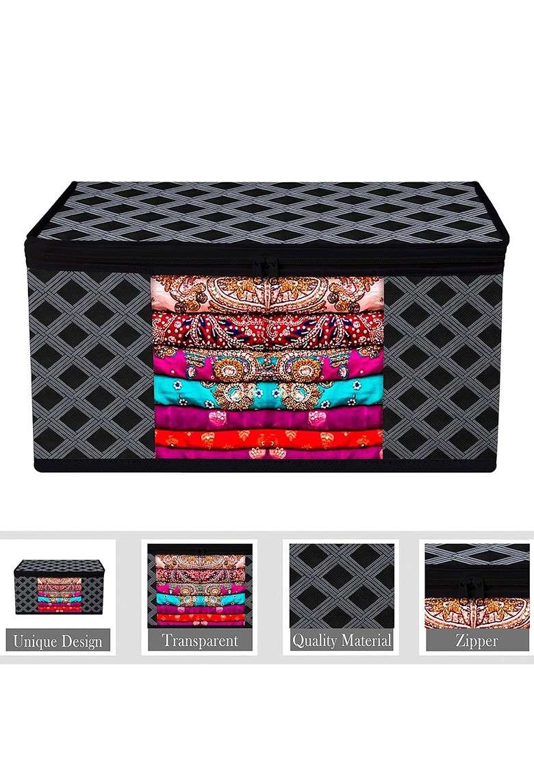 Set Of 8 Black Printed Saree Organiser Covers - Indya