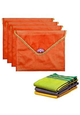 Orange Colored 4 Pieces Printed Saree Covers Organisers With Flap Closure