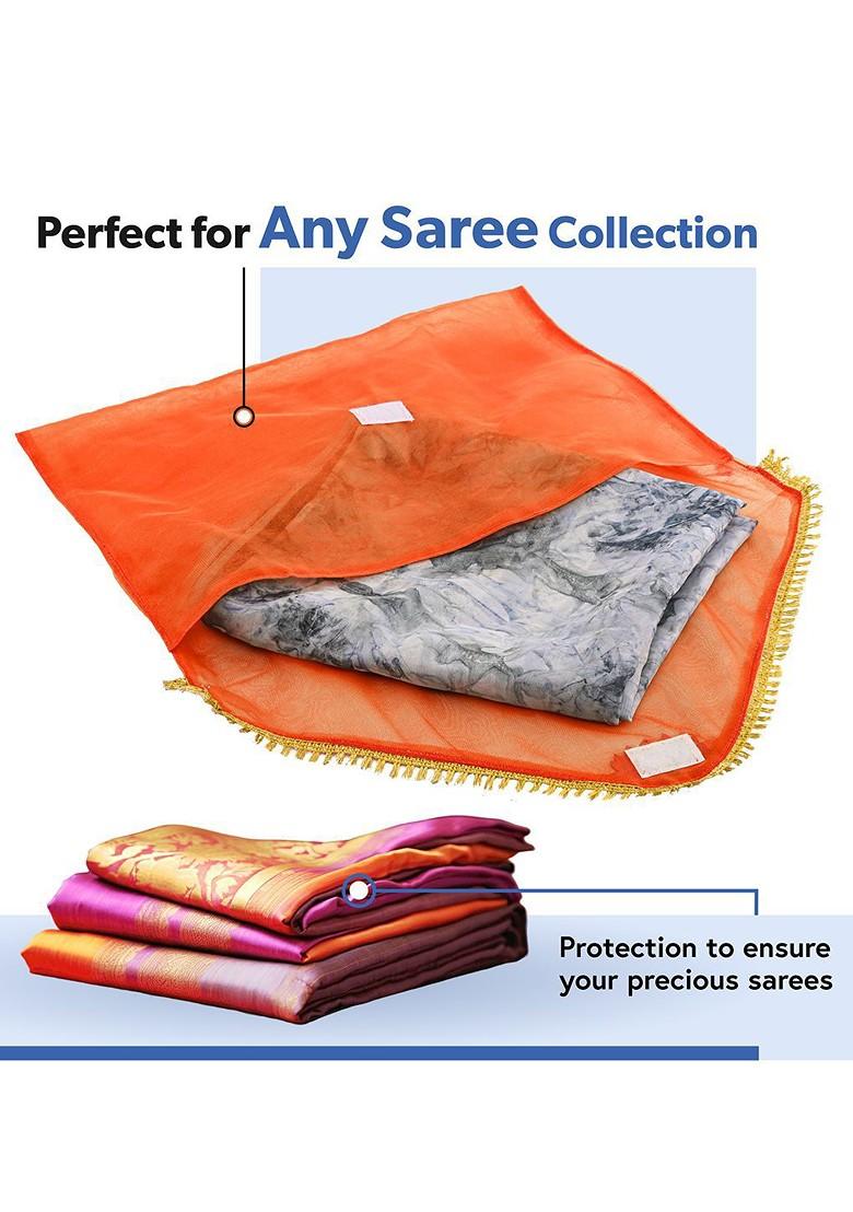 Orange Colored 3 Pieces Printed Saree Covers Organisers With Flap Closure