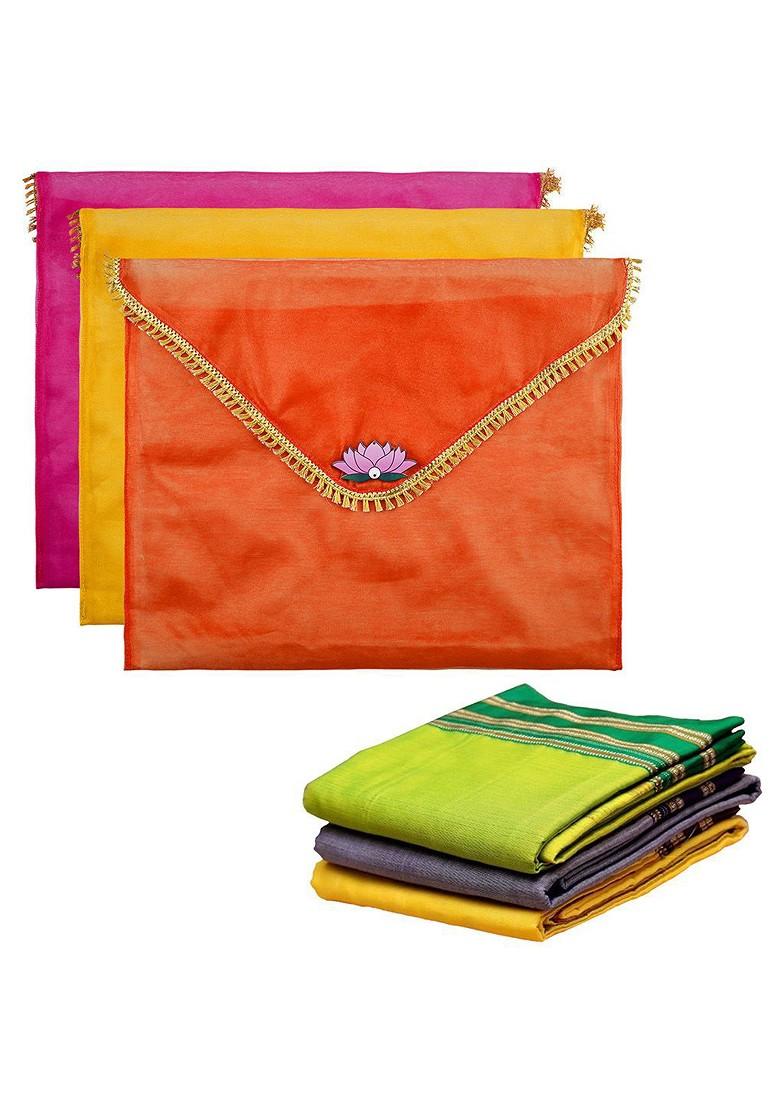 Orange Colored 3 Pieces Printed Saree Covers Organisers With Flap Closure