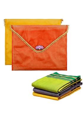 Orange Colored 2 Pieces Printed Organza Saree Covers With Flap Closure