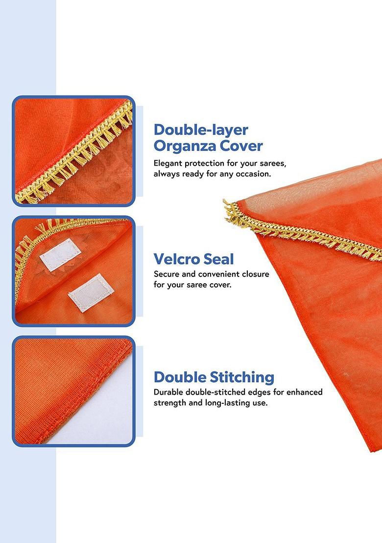 Orange Colored 2 Pieces Printed Organza Saree Covers With Flap Closure