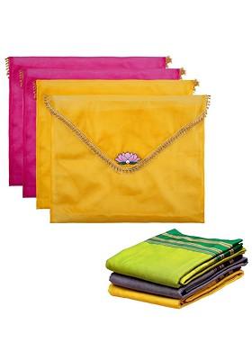 Yellow And Pink 4 Pieces Printed Organza Saree Covers With Flap Closure