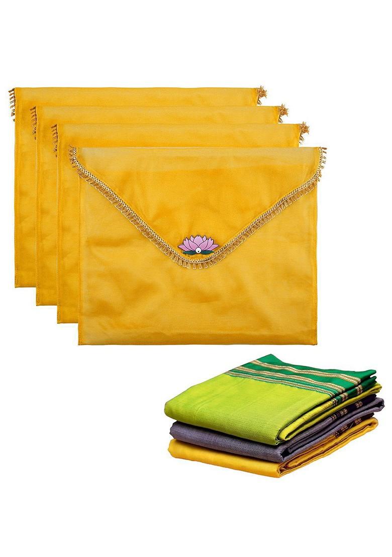 Yellow 4 Pieces Printed Saree Covers Organisers With Flap Closure