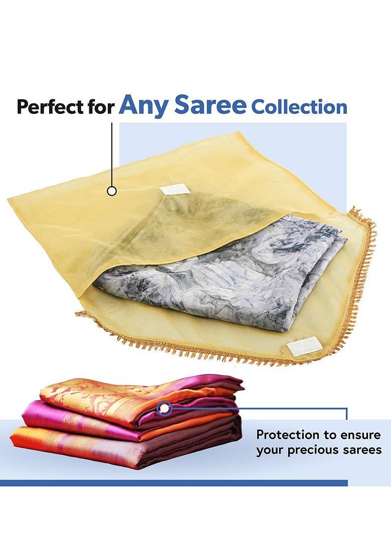 Gold Toned And Pink 8 Pieces Printed Organza Saree Covers With Flap Closure