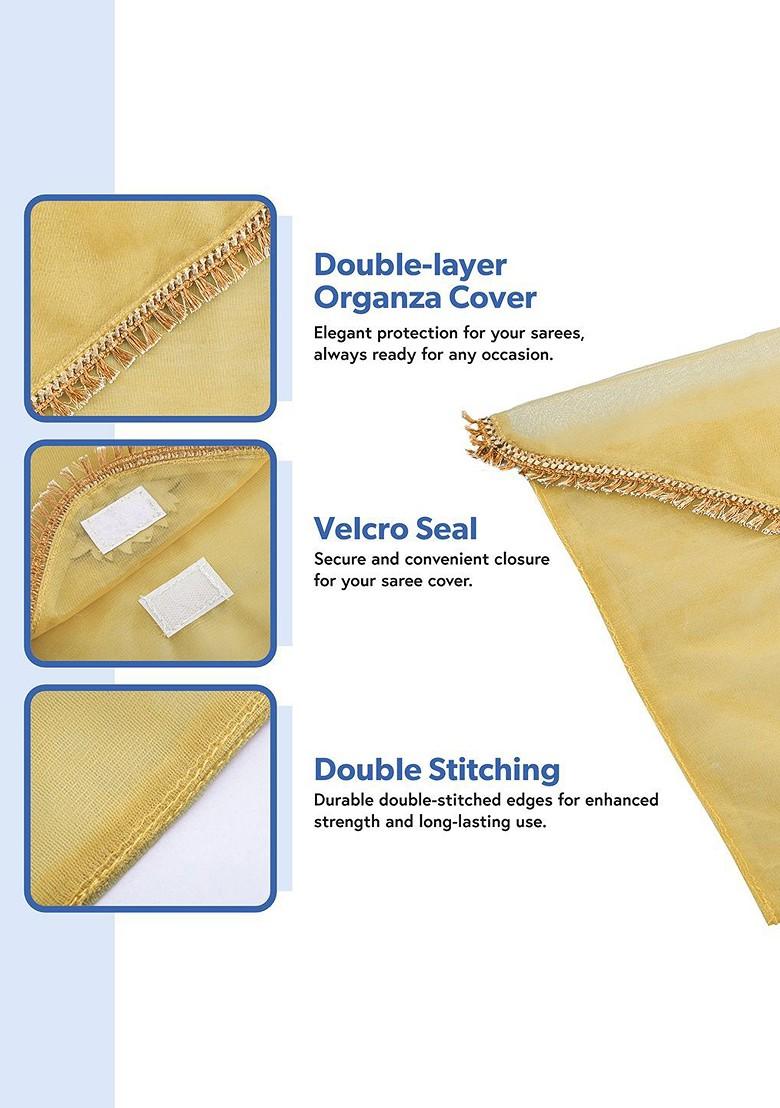 Gold Toned And Pink 8 Pieces Printed Organza Saree Covers With Flap Closure