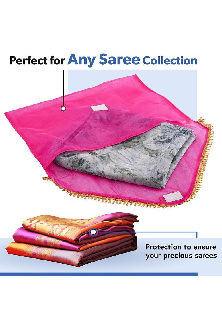 Yellow And Pink 2 Pieces Printed Saree Covers Organisers With Flap Closure