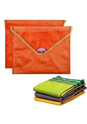 Orange Colored 2 Pieces Printed Saree Covers Organisers With Flap Closure