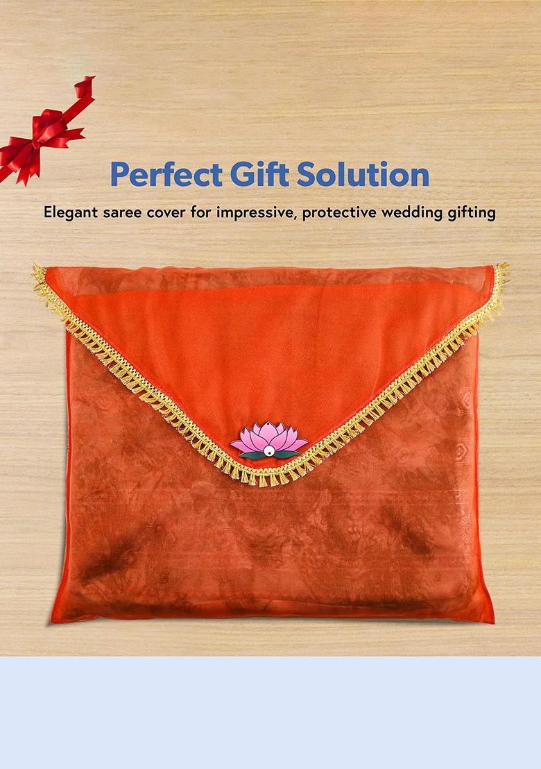 Orange Colored 2 Pieces Printed Saree Covers Organisers With Flap Closure