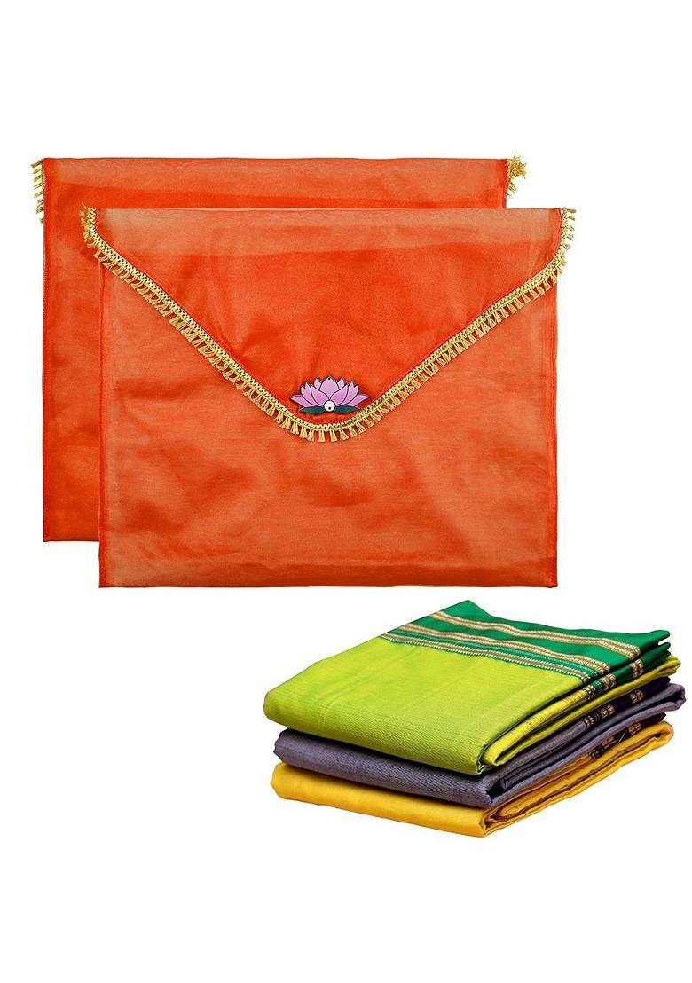 Orange Colored 2 Pieces Printed Saree Covers Organisers With Flap Closure