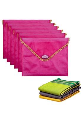 Pink And Gold Toned 6 Pieces Printed Organza Saree Covers With Flap Closure
