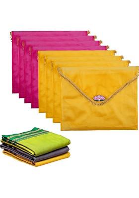 Yellow And Pink 8 Pieces Printed Saree Covers Organisers With Flap Closure