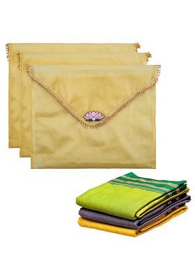 Gold Toned 3 Pieces Printed Saree Covers Organisers With Flap Closure