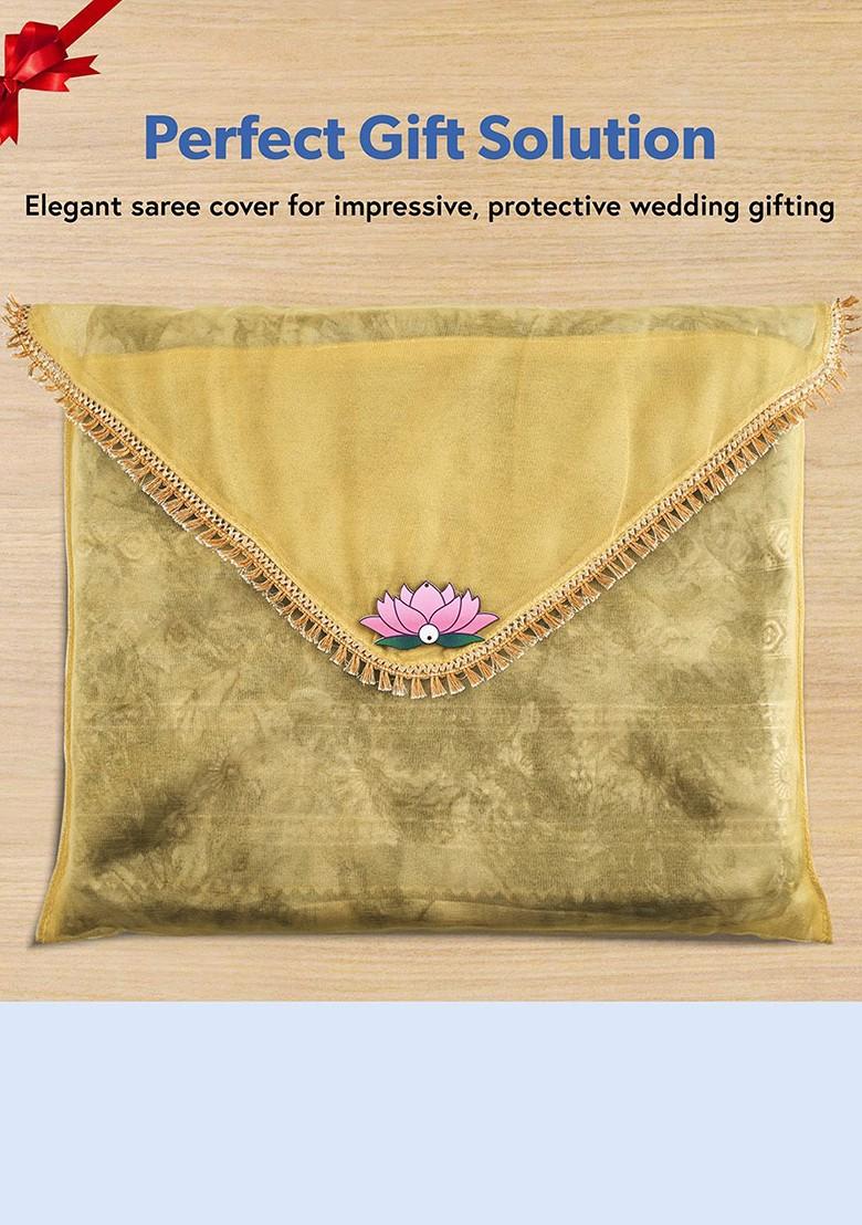 Gold Toned 3 Pieces Printed Saree Covers Organisers With Flap Closure