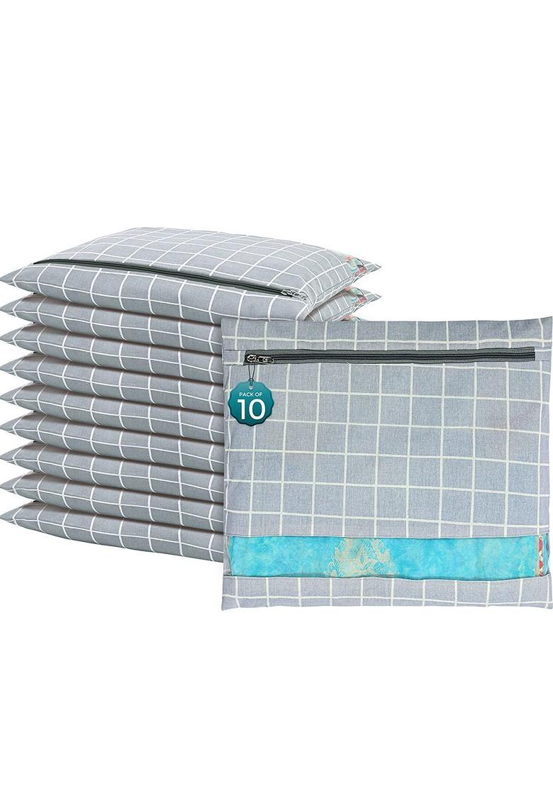 Grey And White 10 Pieces Checked Mesh Cotton Saree Covers Organizers