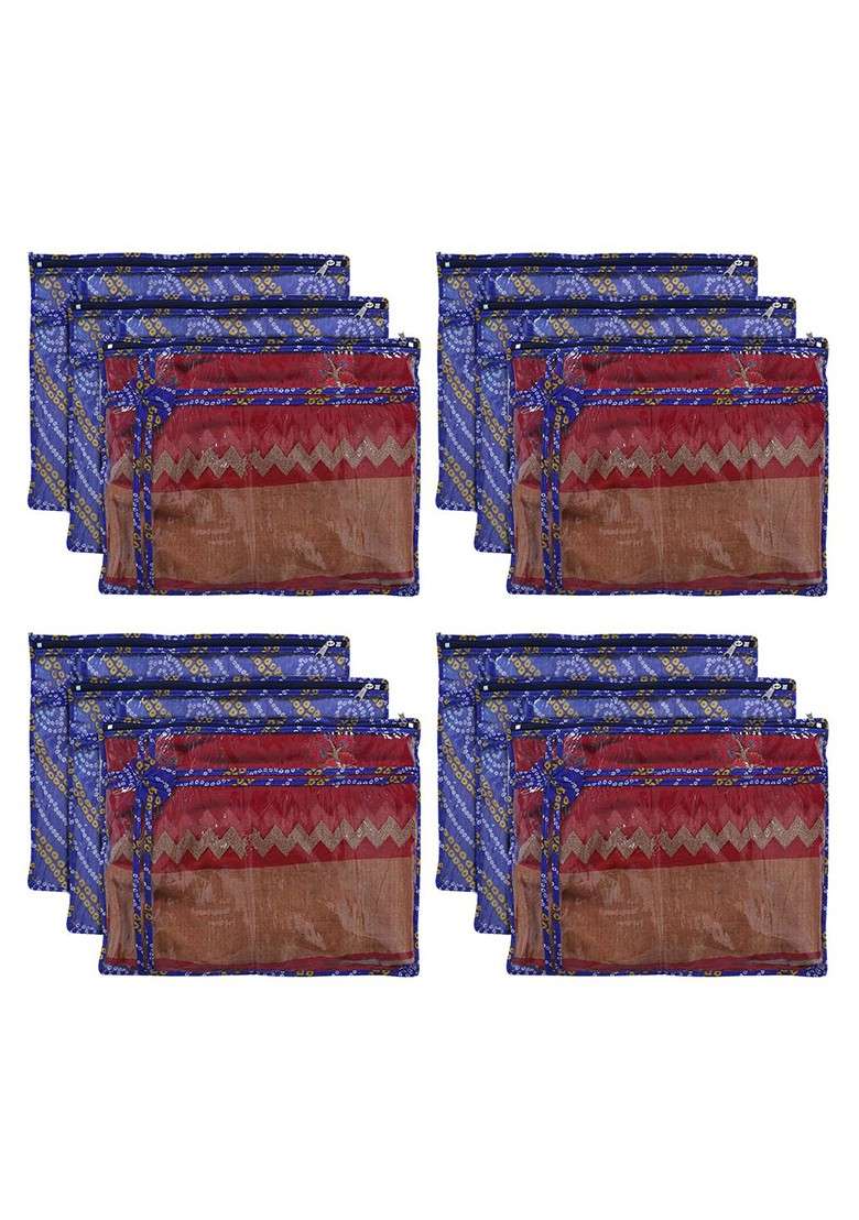 Set Of 12 Blue Printed Pvc Saree Organiser Covers - Indya