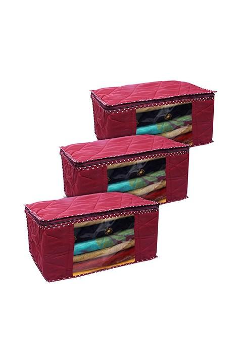 Set Of 3 Maroon Solid Saree Covers With Transparent Window