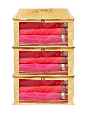 Set Of 3 Gold Toned Printed Foldable Saree Covers