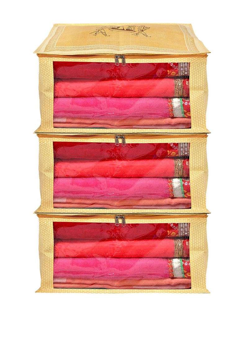 Set Of 3 Gold Toned Printed Foldable Saree Covers - Indya