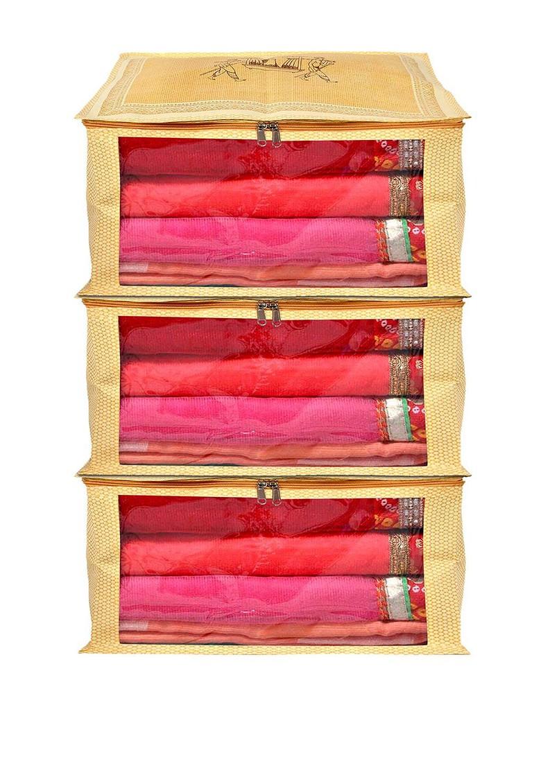 Set Of 3 Gold Toned Printed Foldable Saree Covers