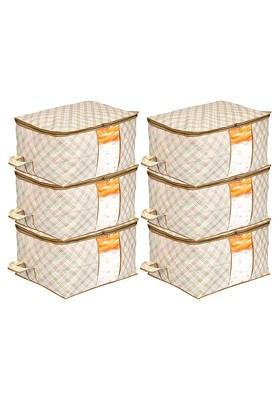 Set Of 6 Cream Colour And Brown Checked Saree Covers