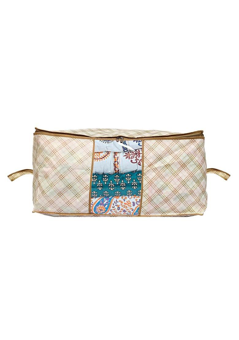 Set Of 6 Cream Colour And Brown Checked Saree Covers