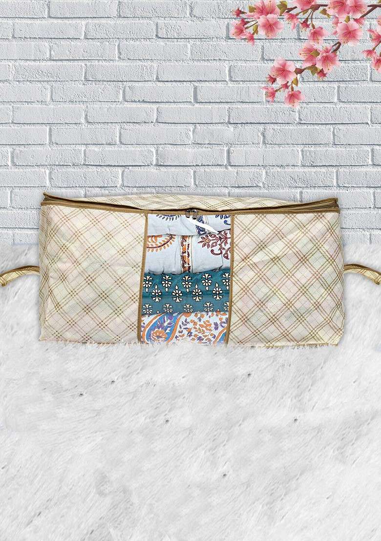 Set Of 6 Cream Colour And Brown Checked Saree Covers - Indya