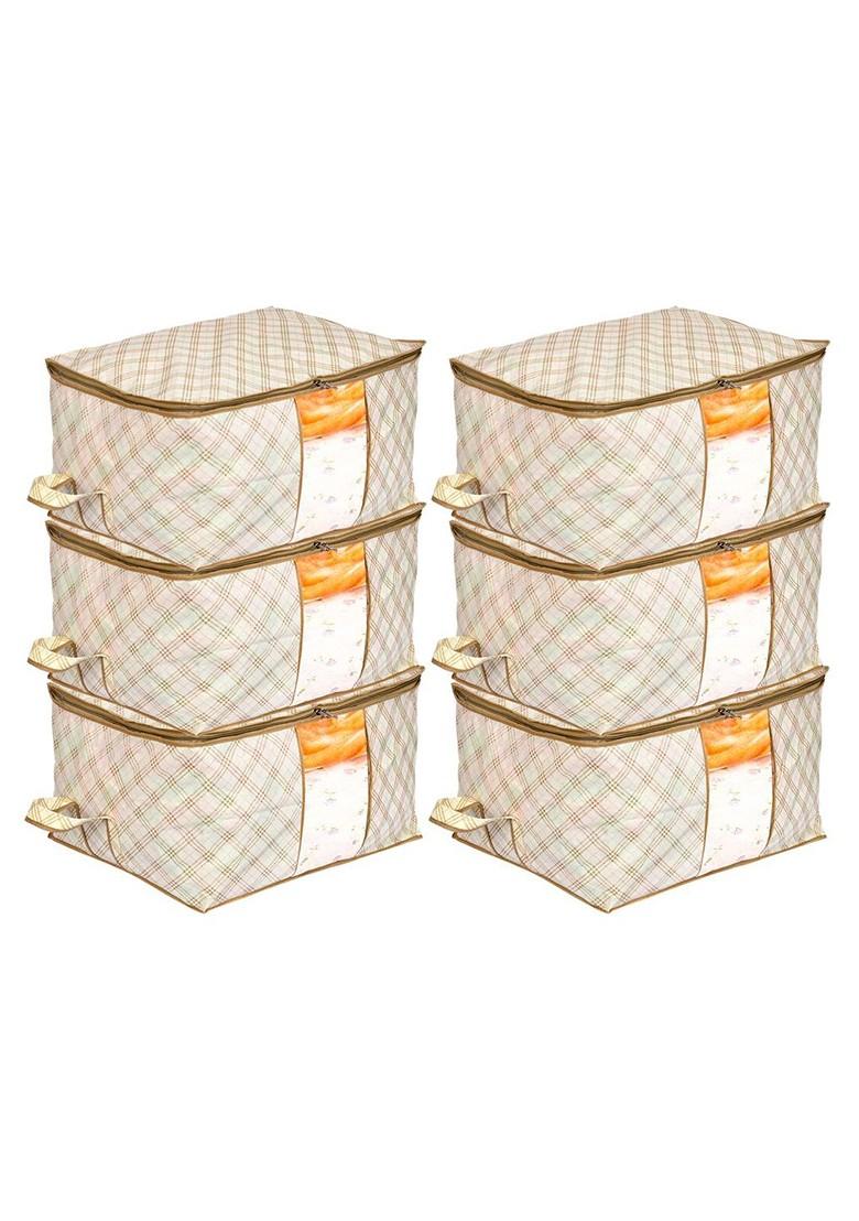 Set Of 6 Cream Colour And Brown Checked Saree Covers