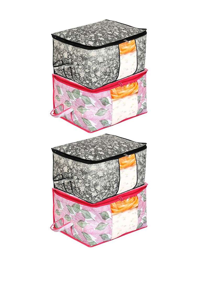 Set Of 4 Black And White Printed Saree Covers - Indya