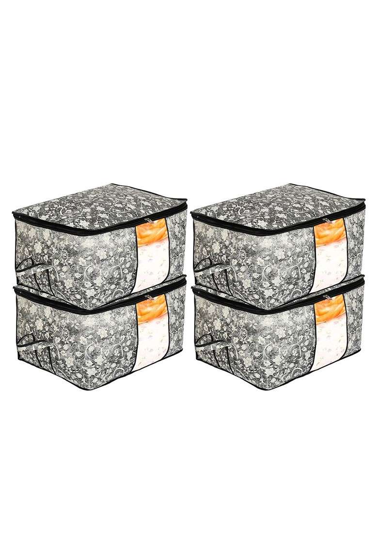 Set Of 4 Black And White Printed Saree Covers - Indya