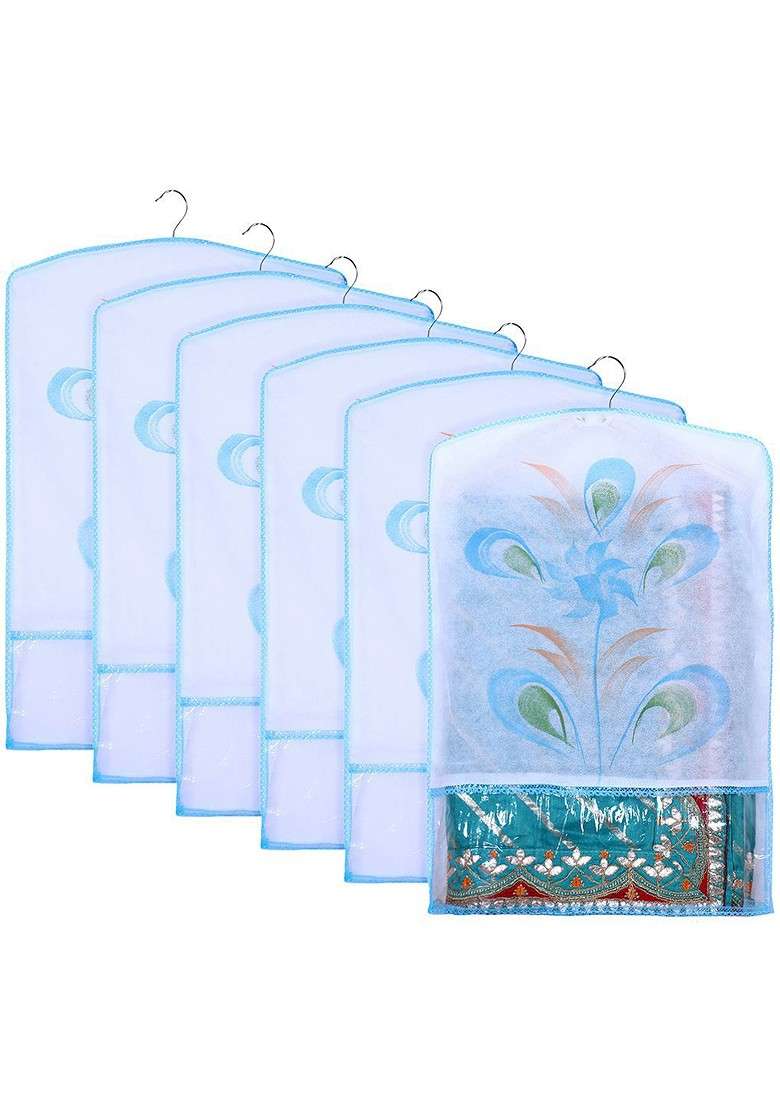 Blue And Transparent Set Of 6 Printed Hanging Saree Covers - Indya